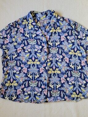 Chico's Top Size 4 Short Sleeve Collard Button Front Blue Yellow Tropical Print